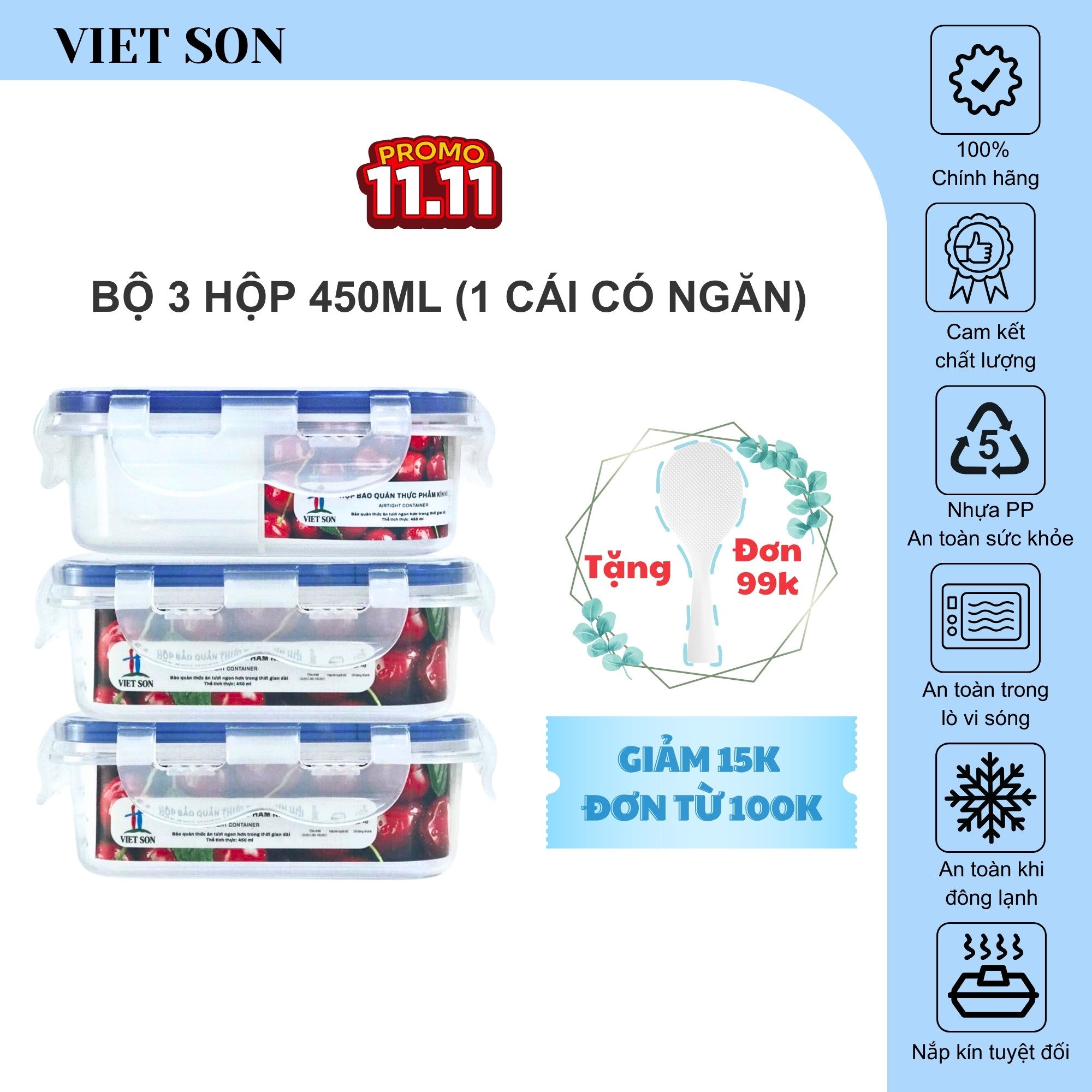 Bộ 3 Hộp Đựng Thực Phẩm Có Vách Ngăn Việt Son 450ml Nắp Khóa 4 Cạnh Kín Hơi